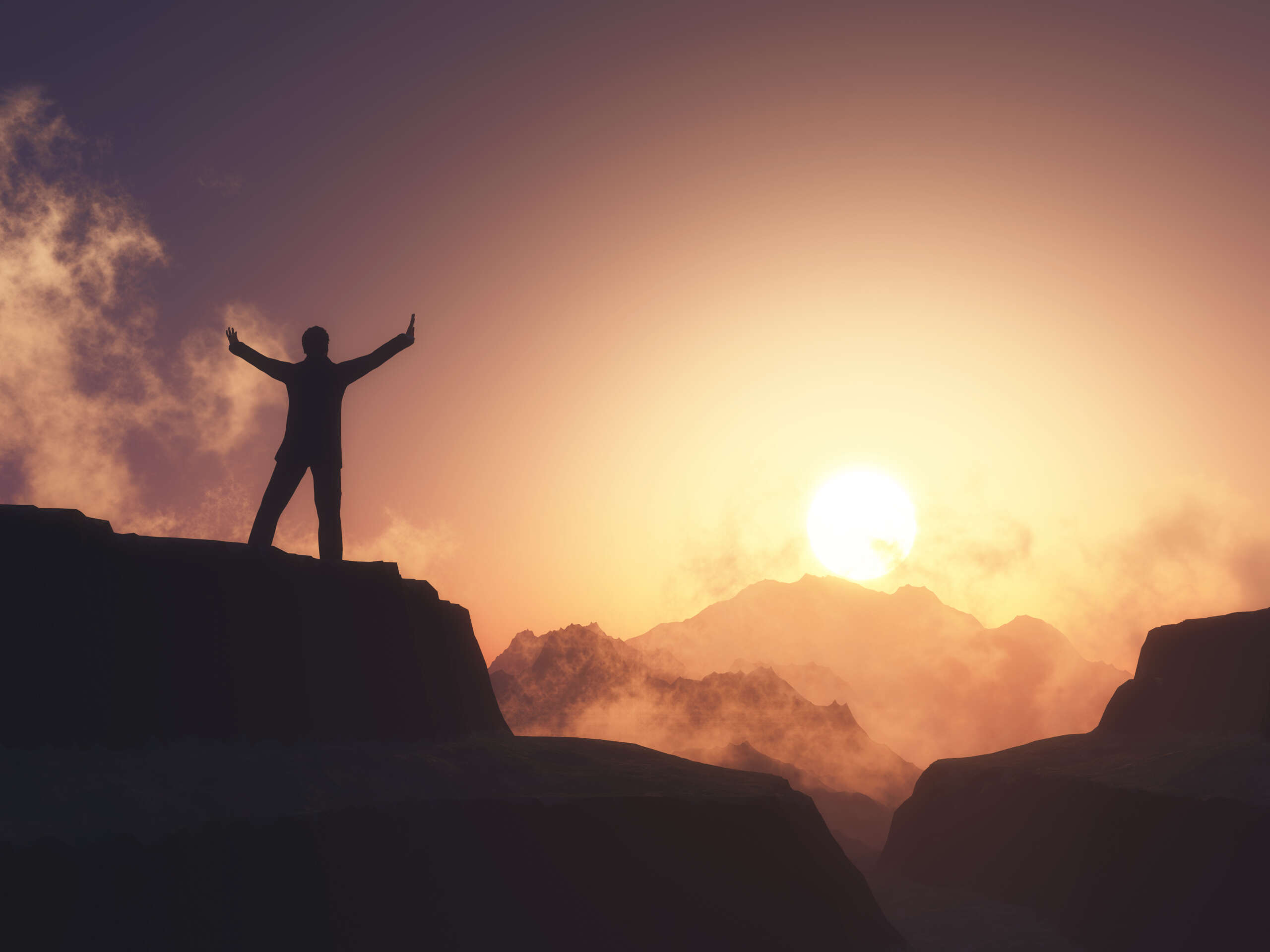 3d male figure with arms raised stood on mountain against sunset